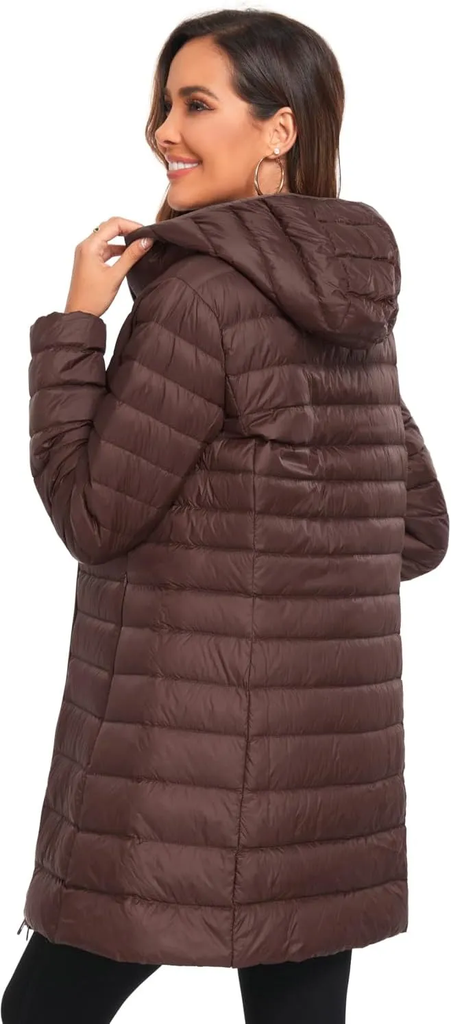 Obosoyo Women's Winter Packable Down Jacket Plus Size Ultralight Long Down Outerwear Puffer Jacket Hooded Coat