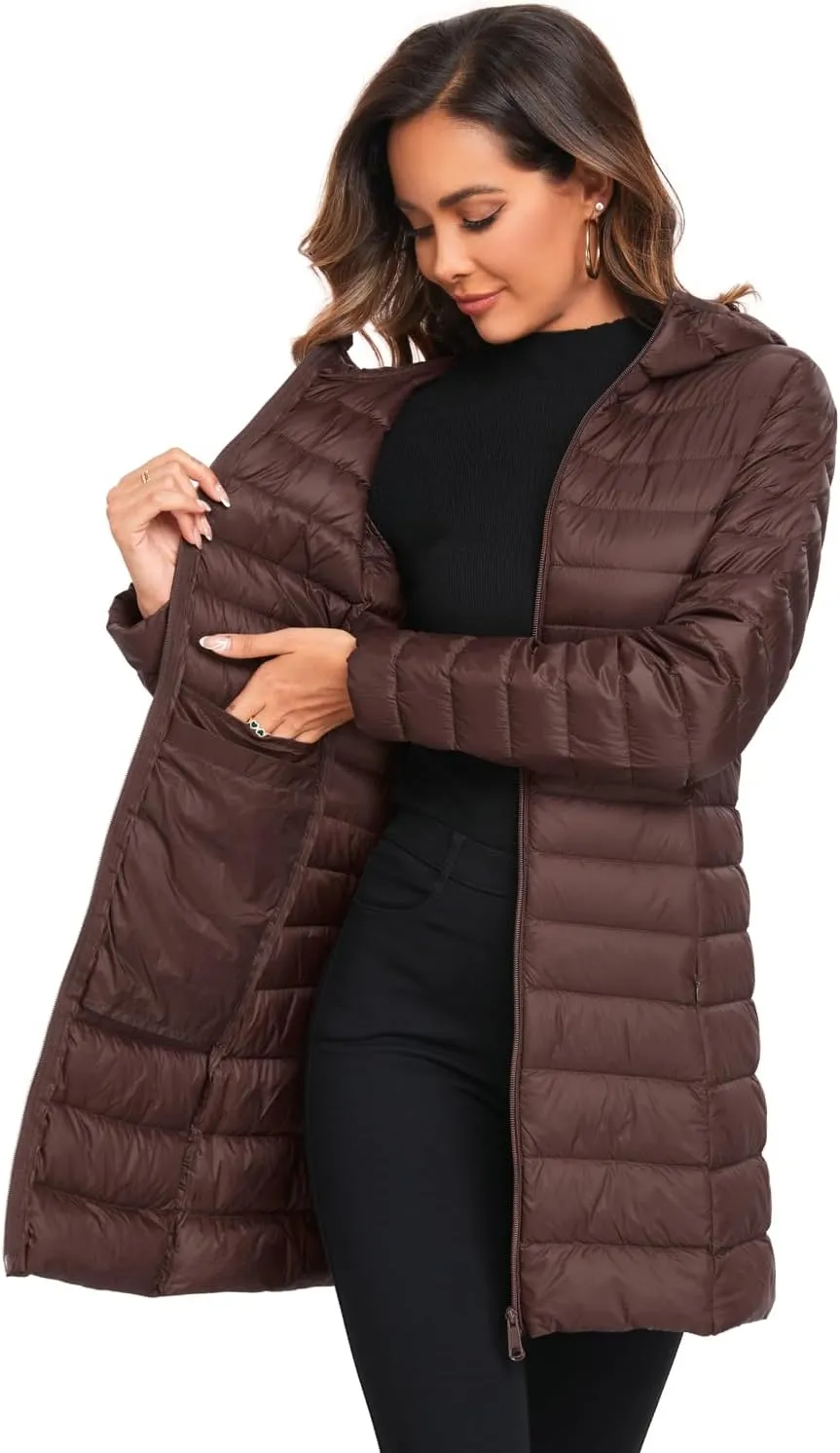 Obosoyo Women's Winter Packable Down Jacket Plus Size Ultralight Long Down Outerwear Puffer Jacket Hooded Coat