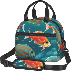 Ocean Underwater Fish Print Lunch Bag Tote Reusable Lunch Box Container with Shoulder Strap Work Picnic Adult
