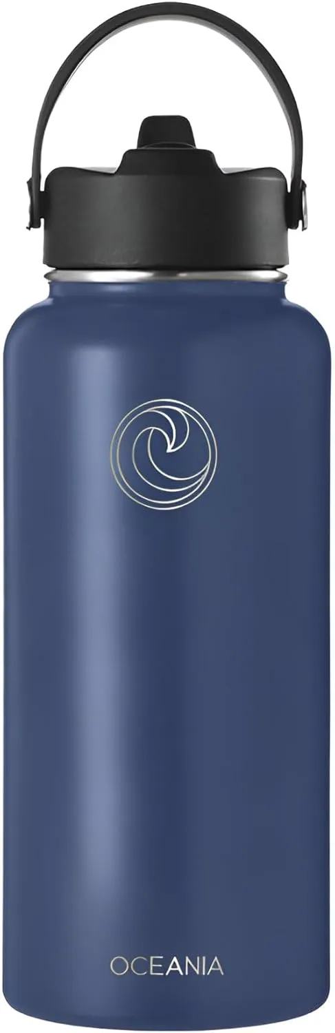 Oceania Flask 32oz Stainless Steel Water Bottles | Modern, Leakproof, Hydro BPA-Free, Insulated Water Bottle with 3 Lids, 3 Straws & 2 Straw Cleaning Brushes | Simple Camping & Hiking Water Bottles