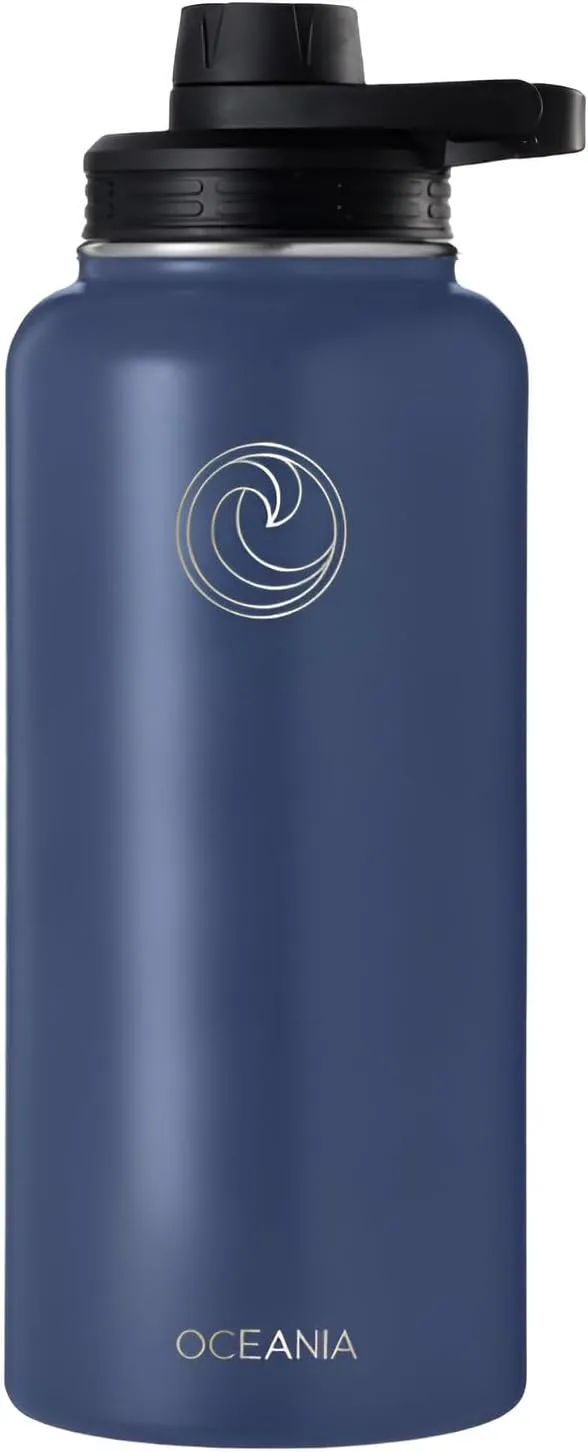 Oceania Flask 32oz Stainless Steel Water Bottles | Modern, Leakproof, Hydro BPA-Free, Insulated Water Bottle with 3 Lids, 3 Straws & 2 Straw Cleaning Brushes | Simple Camping & Hiking Water Bottles