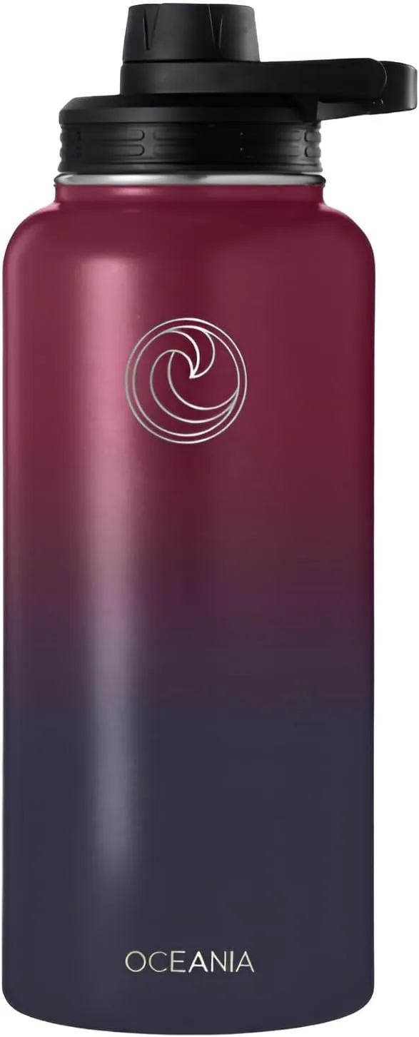 Oceania Flask 32oz Stainless Steel Water Bottles | Modern, Leakproof, Hydro BPA-Free, Insulated Water Bottle with 3 Lids, 3 Straws & 2 Straw Cleaning Brushes | Simple Camping & Hiking Water Bottles