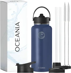 Oceania Flask 32oz Stainless Steel Water Bottles | Modern, Leakproof, Hydro BPA-Free, Insulated Water Bottle with 3 Lids, 3 Straws & 2 Straw Cleaning Brushes | Simple Camping & Hiking Water Bottles