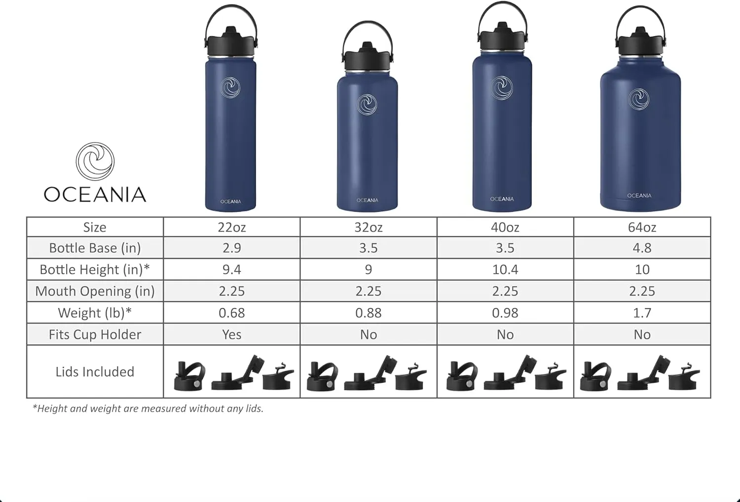 Oceania Flask 32oz Stainless Steel Water Bottles | Modern, Leakproof, Hydro BPA-Free, Insulated Water Bottle with 3 Lids, 3 Straws & 2 Straw Cleaning Brushes | Simple Camping & Hiking Water Bottles
