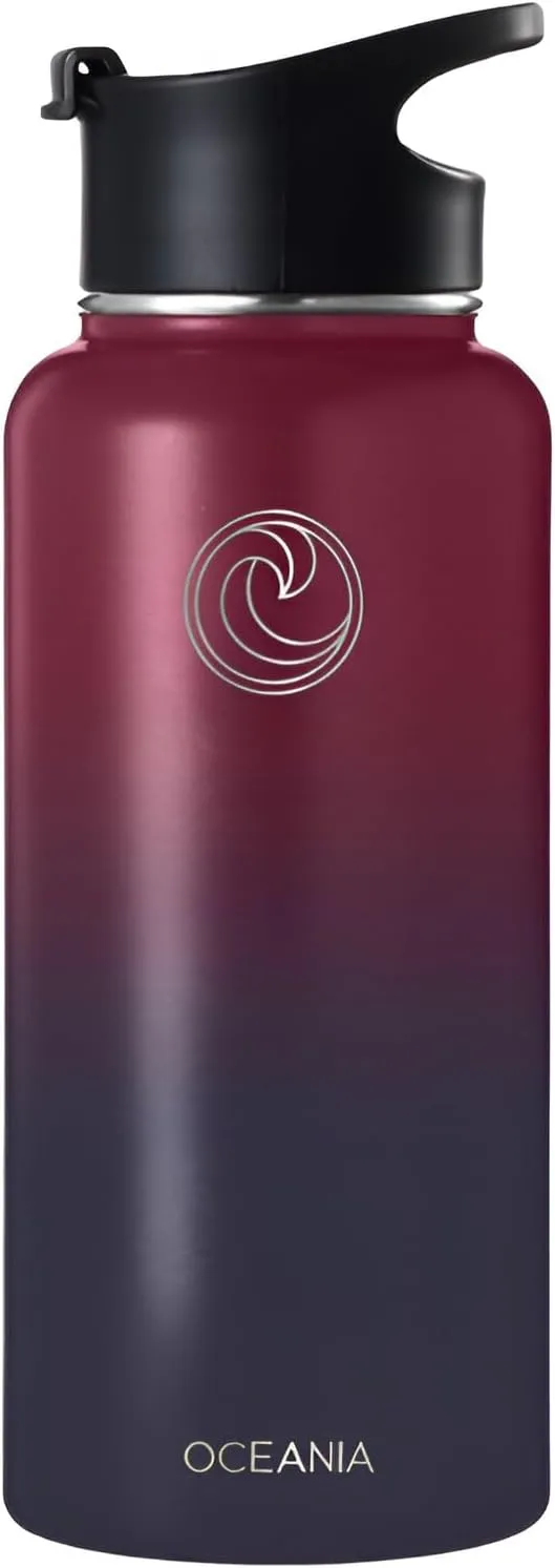 Oceania Flask 32oz Stainless Steel Water Bottles | Modern, Leakproof, Hydro BPA-Free, Insulated Water Bottle with 3 Lids, 3 Straws & 2 Straw Cleaning Brushes | Simple Camping & Hiking Water Bottles