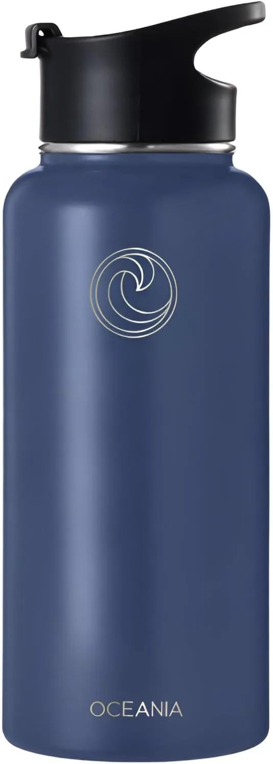 Oceania Flask 32oz Stainless Steel Water Bottles | Modern, Leakproof, Hydro BPA-Free, Insulated Water Bottle with 3 Lids, 3 Straws & 2 Straw Cleaning Brushes | Simple Camping & Hiking Water Bottles