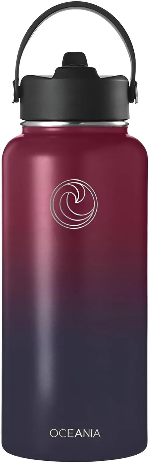 Oceania Flask 32oz Stainless Steel Water Bottles | Modern, Leakproof, Hydro BPA-Free, Insulated Water Bottle with 3 Lids, 3 Straws & 2 Straw Cleaning Brushes | Simple Camping & Hiking Water Bottles