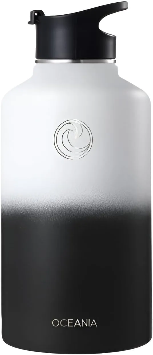 Oceania Flask 64oz Stainless Steel Water Bottles | Modern, Leakproof, Hydro BPA-Free, Insulated Water Bottle with 3 Lids, 3 Straws & 2 Straw Cleaning Brushes | Simple Camping & Hiking Water Bottles