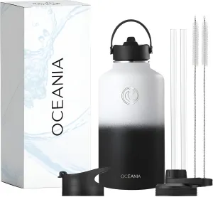 Oceania Flask 64oz Stainless Steel Water Bottles | Modern, Leakproof, Hydro BPA-Free, Insulated Water Bottle with 3 Lids, 3 Straws & 2 Straw Cleaning Brushes | Simple Camping & Hiking Water Bottles