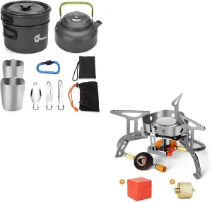 Odoland 10pcs Camping Cookware Mess Kit and 3500W Windrpoof Camp Stove Camping Gas Stove Kit