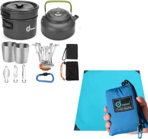 Odoland Bundle – 2 Items 12pcs Camping Cookware Mess Kit with Mini Stove and 71" x 63" SandProof Waterproof Outdoor Pocket Blanket with Portable Bag, Blue Beach Blanket Picnic Blanket
