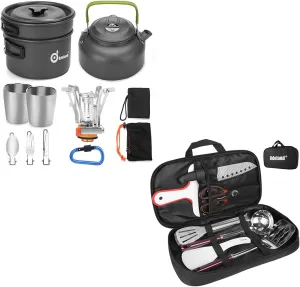 Odoland Bundle – 2 Items 12pcs Camping Cookware Mess Kit with Mini Stove and 8 Pcs Camping Cookware Utensils Travel Set for Outdoor Backpacking Hiking BBQ