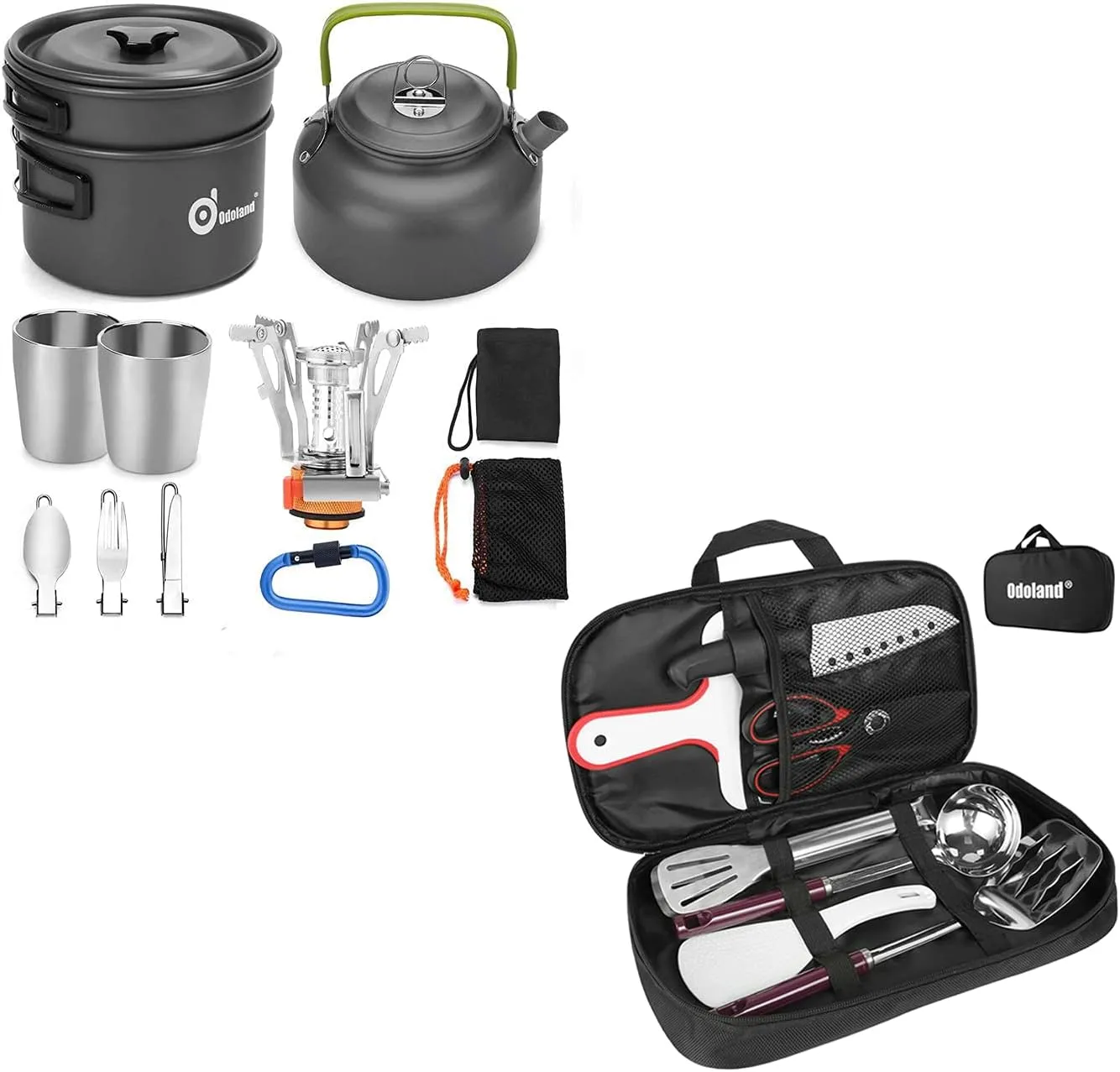 Odoland Bundle – 2 Items 12pcs Camping Cookware Mess Kit with Mini Stove and 8 Pcs Camping Cookware Utensils Travel Set for Outdoor Backpacking Hiking BBQ