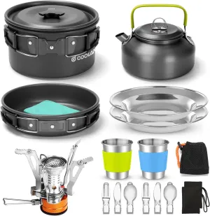 Odoland Bundle - 2 Items 16pcs Camping Cookware Set and 10pcs Camping Cookware