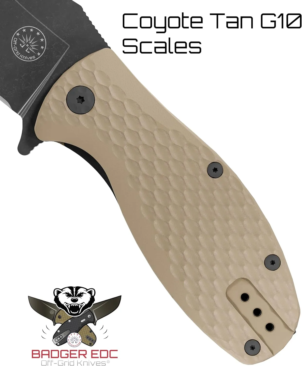 Off-Grid Knives - Badger EDC Knife, Cryo D2 Blade Steel, Coyote G10 Scales, Safety Grid-Lock, Reversible Tip-Up Deep Pocket Clip (Coyote)