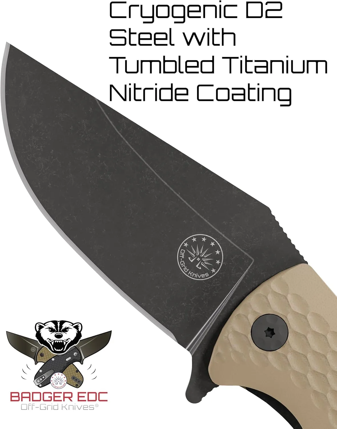 Off-Grid Knives - Badger EDC Knife, Cryo D2 Blade Steel, Coyote G10 Scales, Safety Grid-Lock, Reversible Tip-Up Deep Pocket Clip (Coyote)
