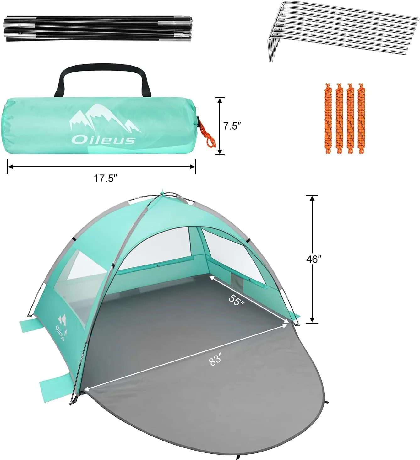 Oileus Beach Tent 2-3 Person Portable Sun Shade Shelter UV Protection, Extended Floor Ventilating Mesh Roll Up Windows Carrying Bag Stakes 6 Sand Pockets Fishing Hiking Camping, Light Green