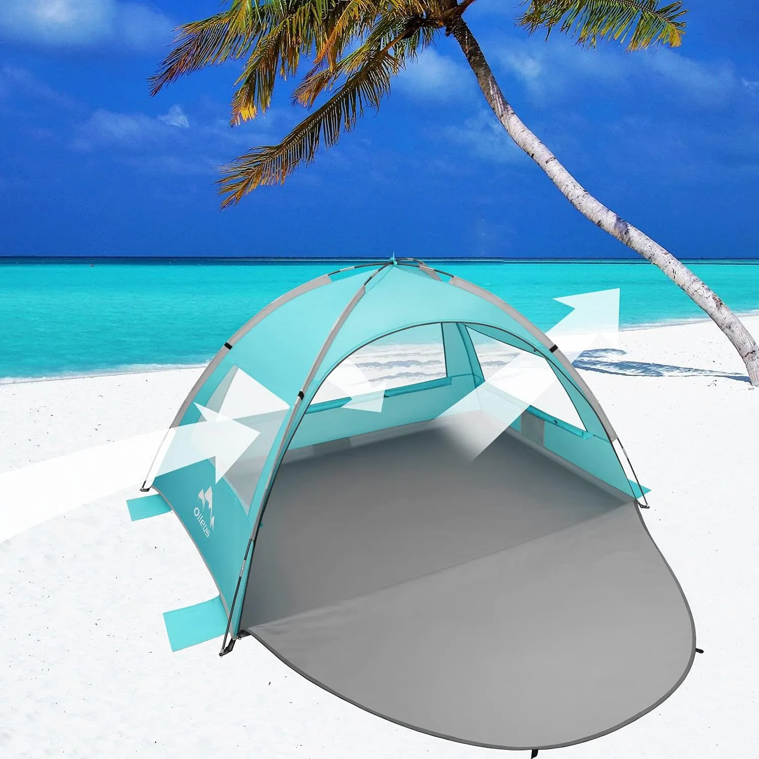 Oileus Beach Tent 2-3 Person Portable Sun Shade Shelter UV Protection, Extended Floor Ventilating Mesh Roll Up Windows Carrying Bag Stakes 6 Sand Pockets Fishing Hiking Camping, Light Green