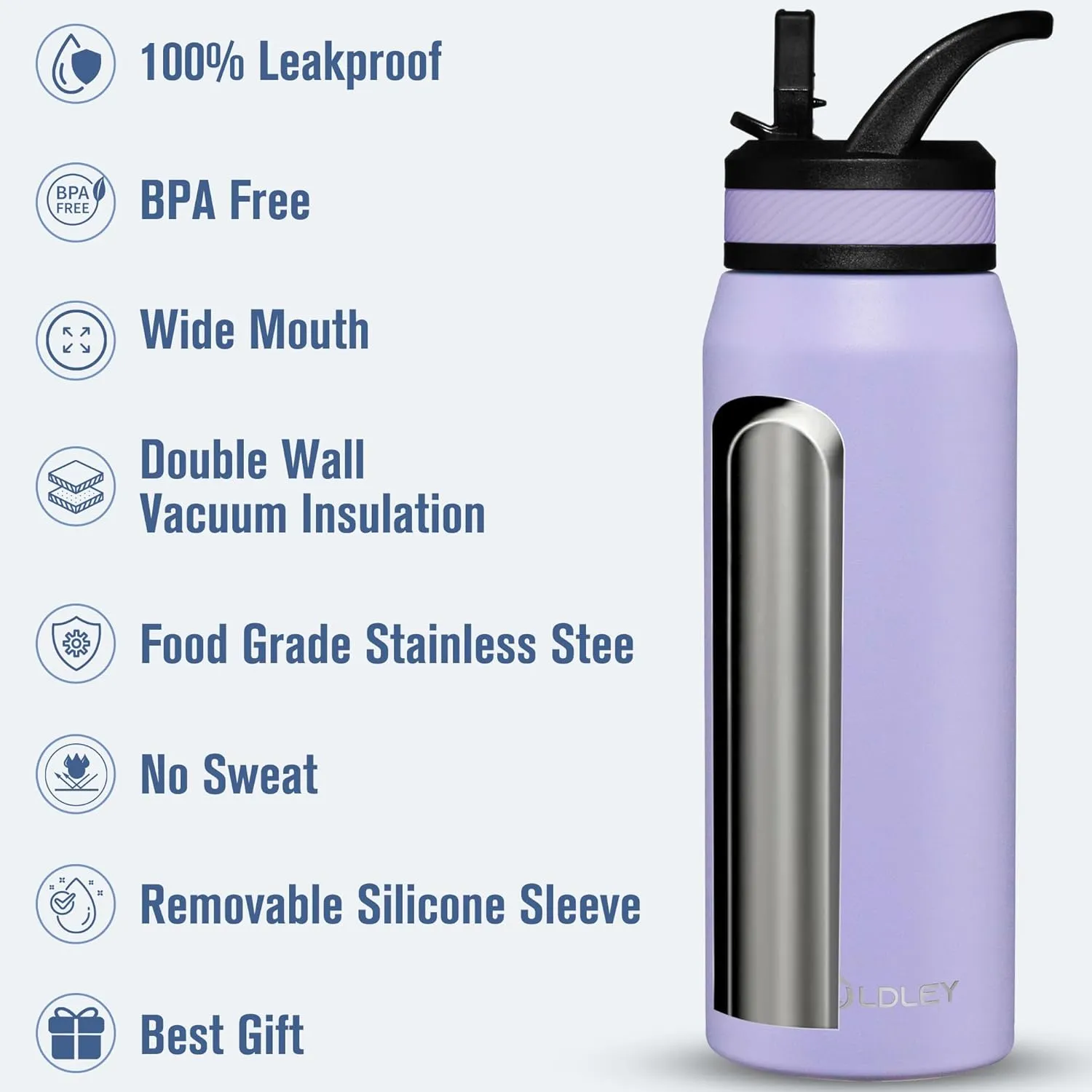 OLDLEY 24 oz Insulated Water Bottle With Straw, Stainless Steel Sports Water Cup Flask with 3 Lids(Straw, Spout and Handle Lid) Double Walled Travel Thermal Canteen Mug,Classic Lavender