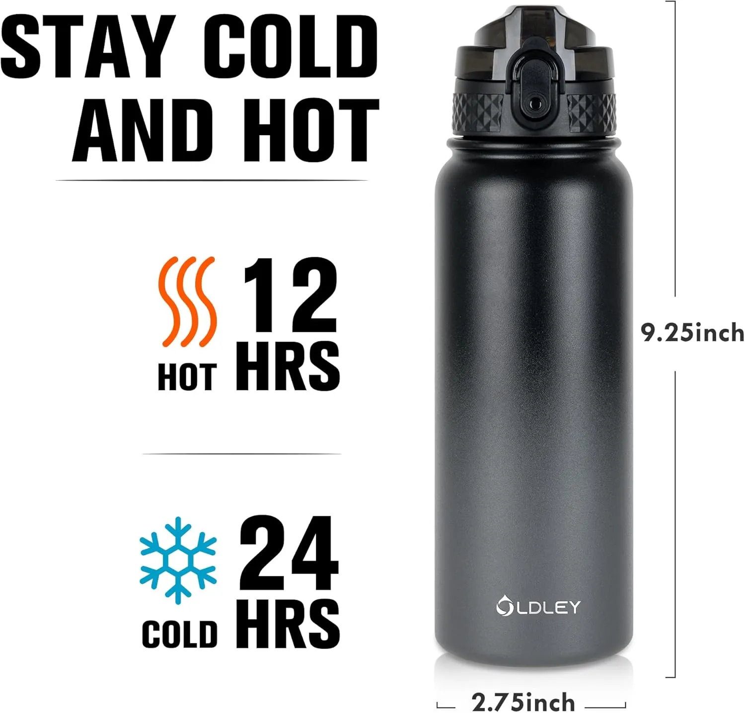 Oldley Insulated Water Bottle 20oz Water Bottles with Straw, Stainless Steel Water Bottle with 3 Lids, Double Wall Vacuum Bottles for Adult Kids, Sports Bottles for School Travel,Black Gray