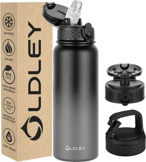 Oldley Insulated Water Bottle 20oz Water Bottles with Straw, Stainless Steel Water Bottle with 3 Lids, Double Wall Vacuum Bottles for Adult Kids, Sports Bottles for School Travel,Black Gray