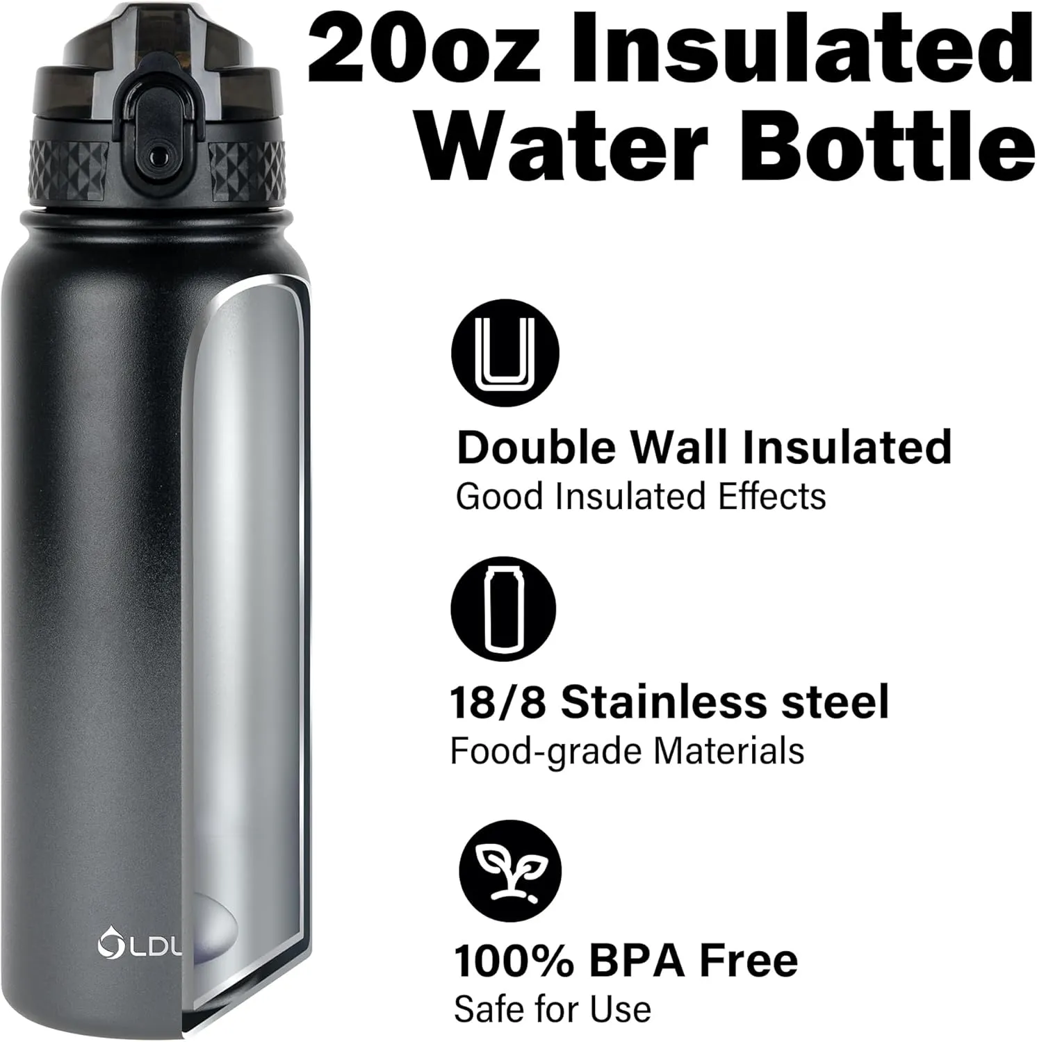 Oldley Insulated Water Bottle 20oz Water Bottles with Straw, Stainless Steel Water Bottle with 3 Lids, Double Wall Vacuum Bottles for Adult Kids, Sports Bottles for School Travel,Black Gray