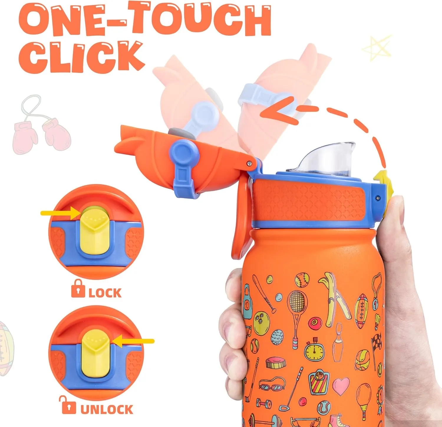 OLDLEY Kids Water Bottle 12oz Insulated Water bottle, Double Wall Stainless Steel Vacuum Bottle, Leak-Proof Sport Bottles for School Boys Girls,Orange Sport