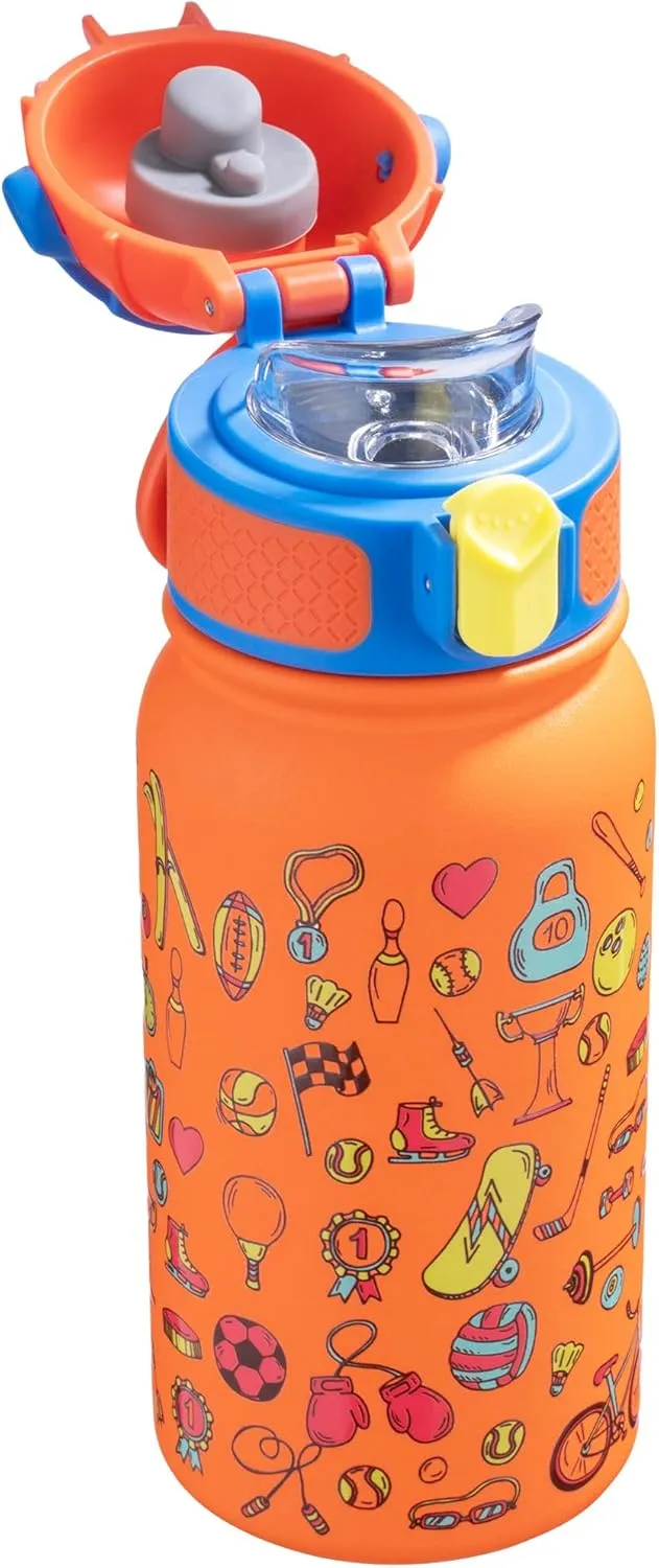 OLDLEY Kids Water Bottle 12oz Insulated Water bottle, Double Wall Stainless Steel Vacuum Bottle, Leak-Proof Sport Bottles for School Boys Girls,Orange Sport