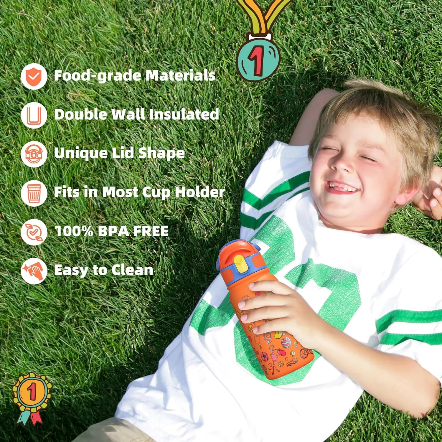 OLDLEY Kids Water Bottle 12oz Insulated Water bottle, Double Wall Stainless Steel Vacuum Bottle, Leak-Proof Sport Bottles for School Boys Girls,Orange Sport