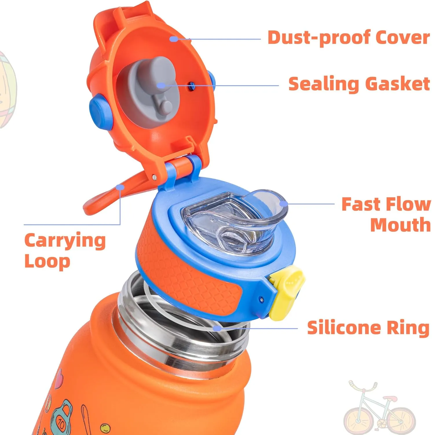OLDLEY Kids Water Bottle 12oz Insulated Water bottle, Double Wall Stainless Steel Vacuum Bottle, Leak-Proof Sport Bottles for School Boys Girls,Orange Sport