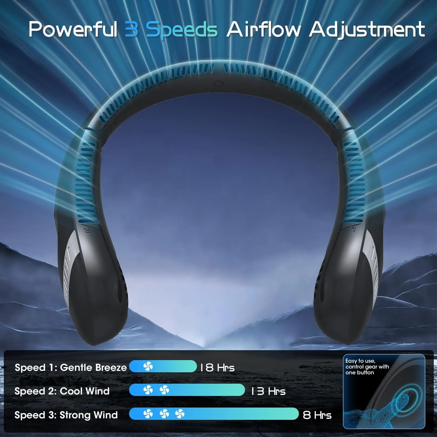 OLV Neck Fan 5000mAh Rechargeable Battery Portable Fan 360° Bladeless Cooling 3 Speeds Powerful Airflow Personal Foldable Neck Fan Gifts for Men Women Home Office,Travel,Sports,Golf,Camping - Black