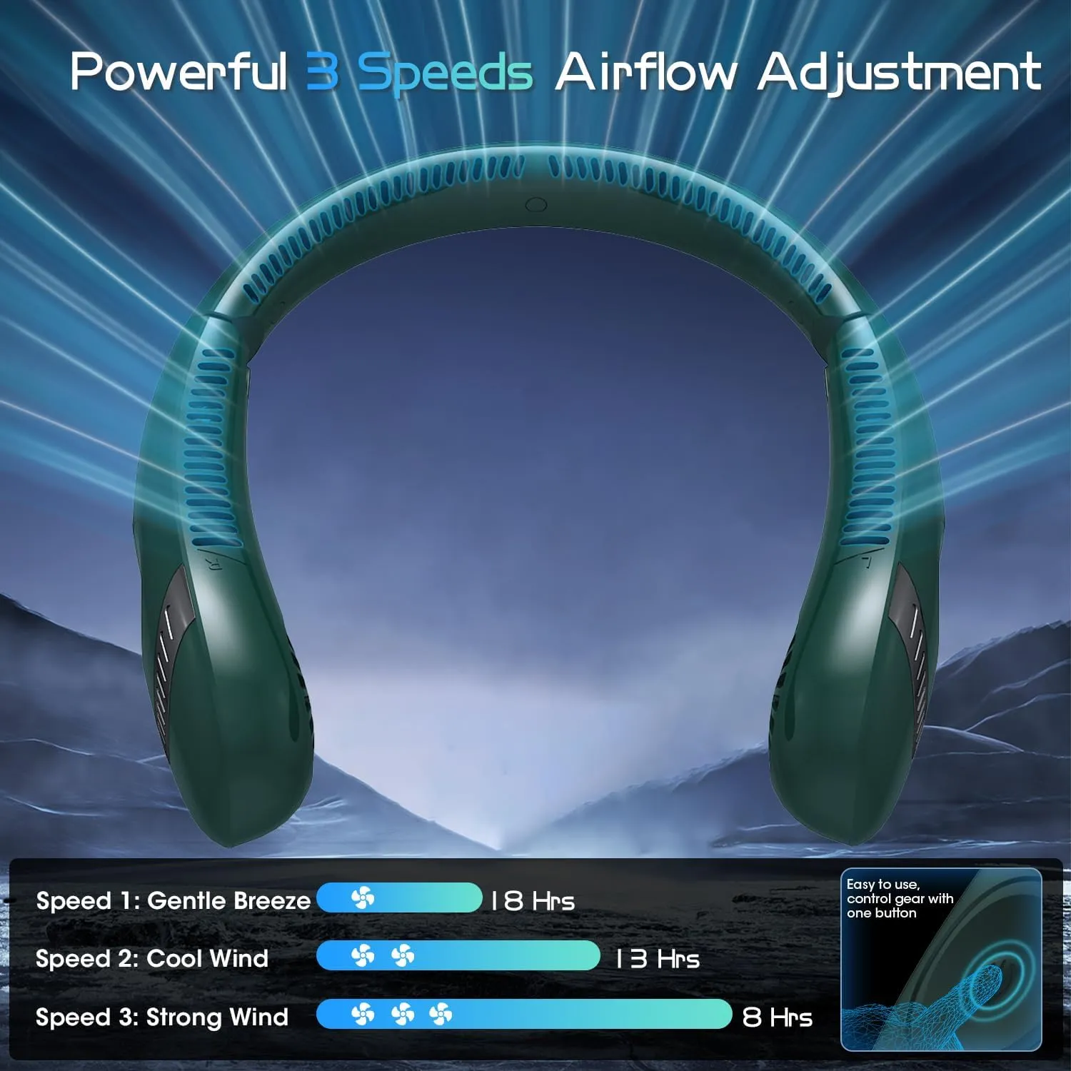 OLV Neck Fan 5000mAh Rechargeable Battery Portable Fan 360° Bladeless Cooling 3 Speeds Powerful Airflow Personal Foldable Neck Fan Gifts for Men Women Home Office,Travel,Sports,Golf,Camping - Green