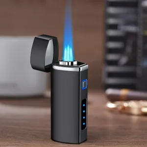 One Touch 3-Flame Butane Lighter with Electronic Firing Triple Jet Flame Flint Torch Lighter, Replacement Tools, Refillable Windproof Butane Lighter with Large Fuel Tank (Business Black)