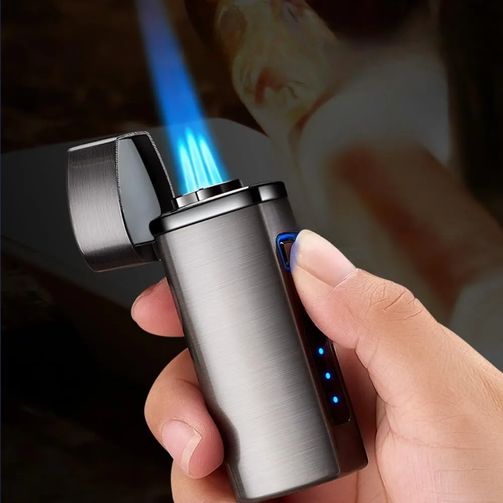 One Touch 3-Flame Butane Lighter with Electronic Firing Triple Jet Flame Flint Torch Lighter, Replacement Tools, Refillable Windproof Butane Lighter with Large Fuel Tank (Business Black)