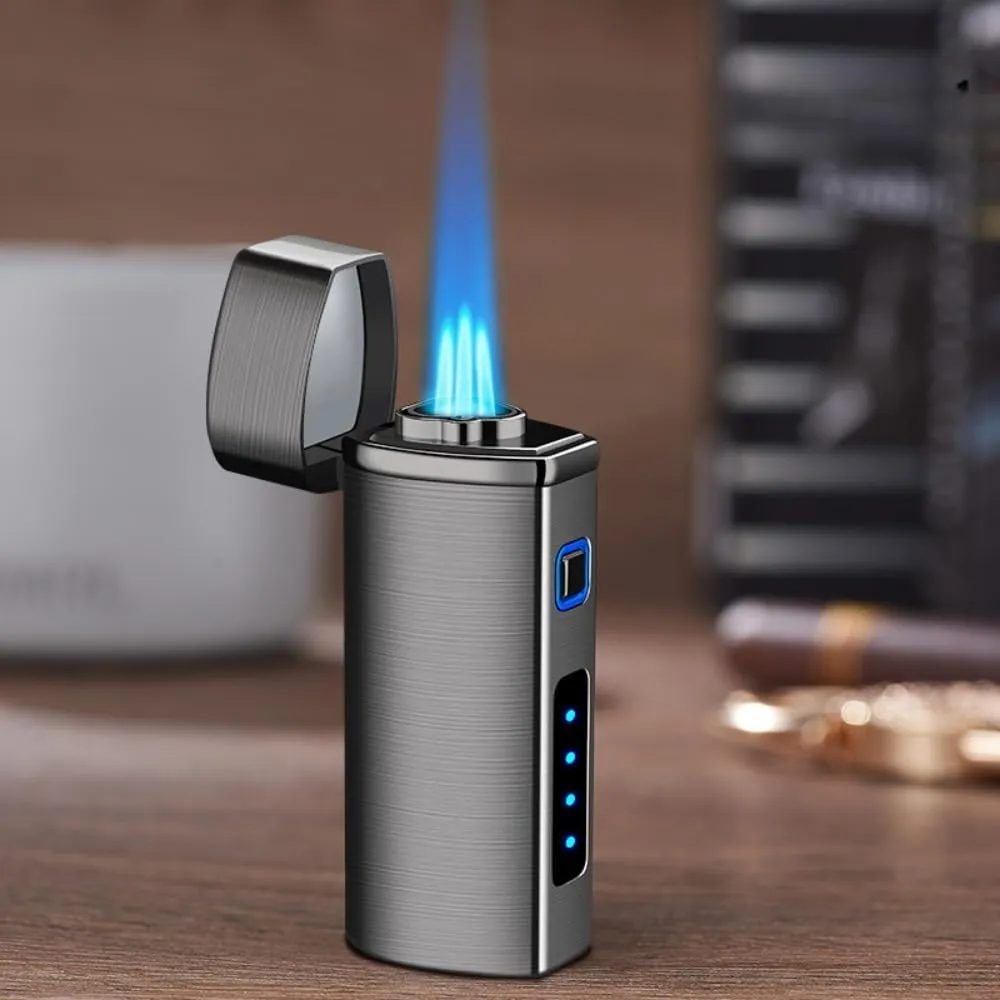 One Touch 3-Flame Butane Lighter with Electronic Firing Triple Jet Flame Flint Torch Lighter, Replacement Tools, Refillable Windproof Butane Lighter with Large Fuel Tank (Business Black)