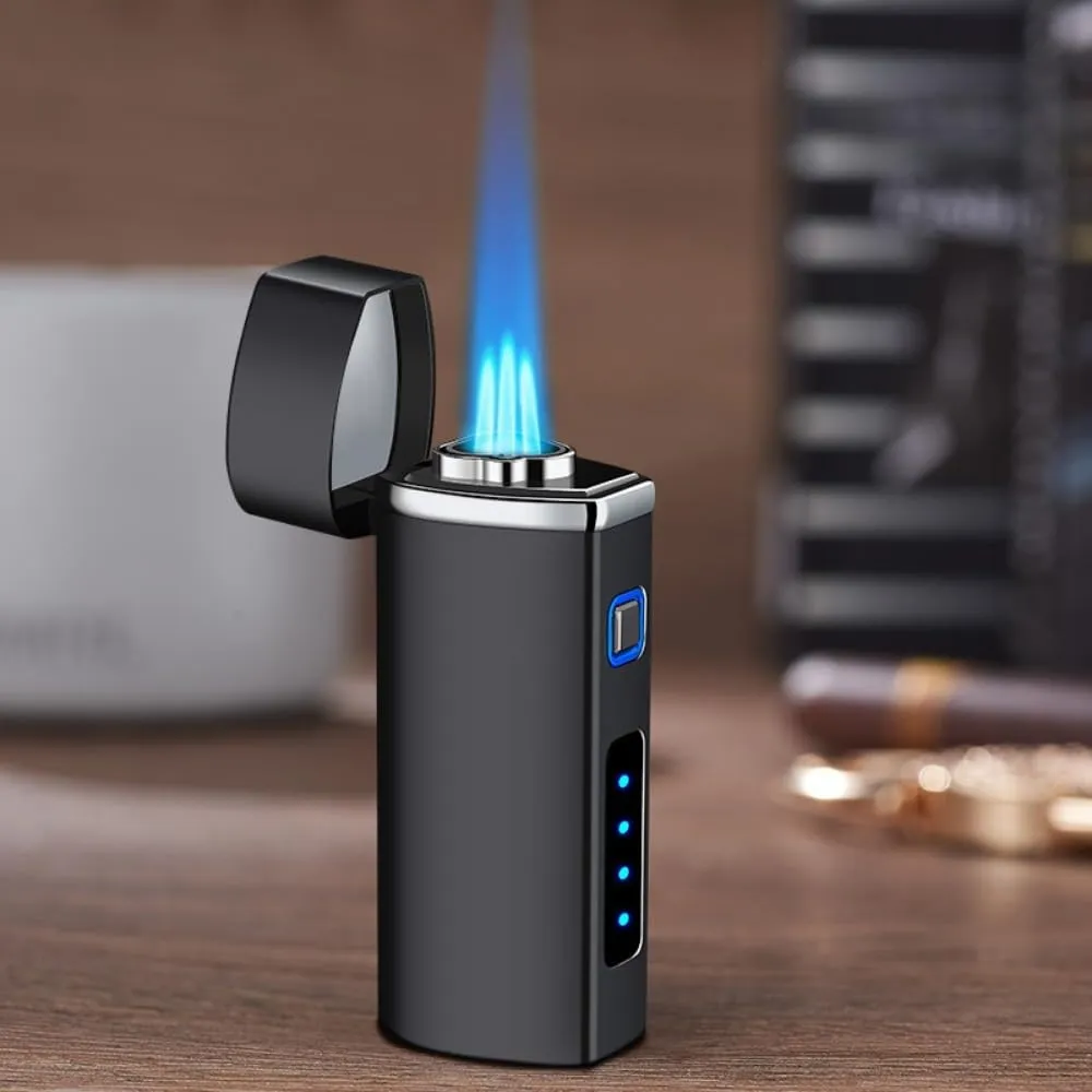 One Touch 3-Flame Butane Lighter with Electronic Firing Triple Jet Flame Flint Torch Lighter, Replacement Tools, Refillable Windproof Butane Lighter with Large Fuel Tank (Business Black)