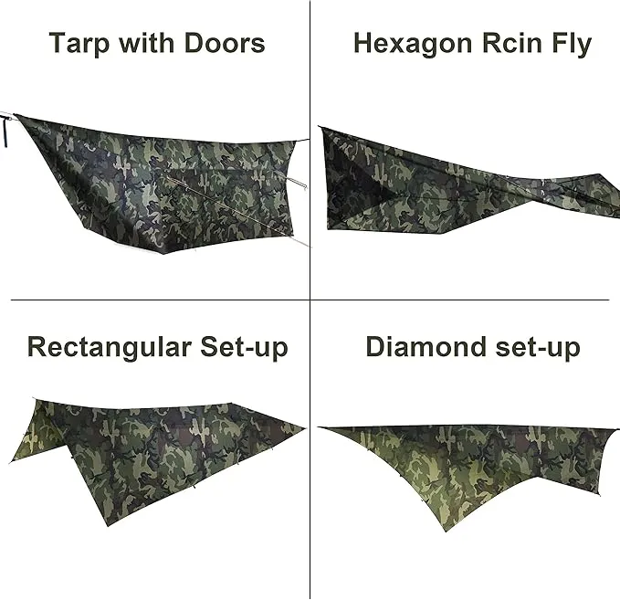 Onewind 12ft Camo Camping Tarp, Billow Tarp Shelter Lightweight and Waterproof Hammock Rainfly for Stealth Camping, Army, Military and Bushcraft, Easy to Setup with Tent Pegs and Guyline, Camouflage