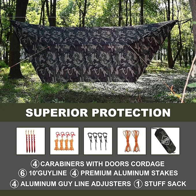 Onewind 12ft Camo Camping Tarp, Billow Tarp Shelter Lightweight and Waterproof Hammock Rainfly for Stealth Camping, Army, Military and Bushcraft, Easy to Setup with Tent Pegs and Guyline, Camouflage