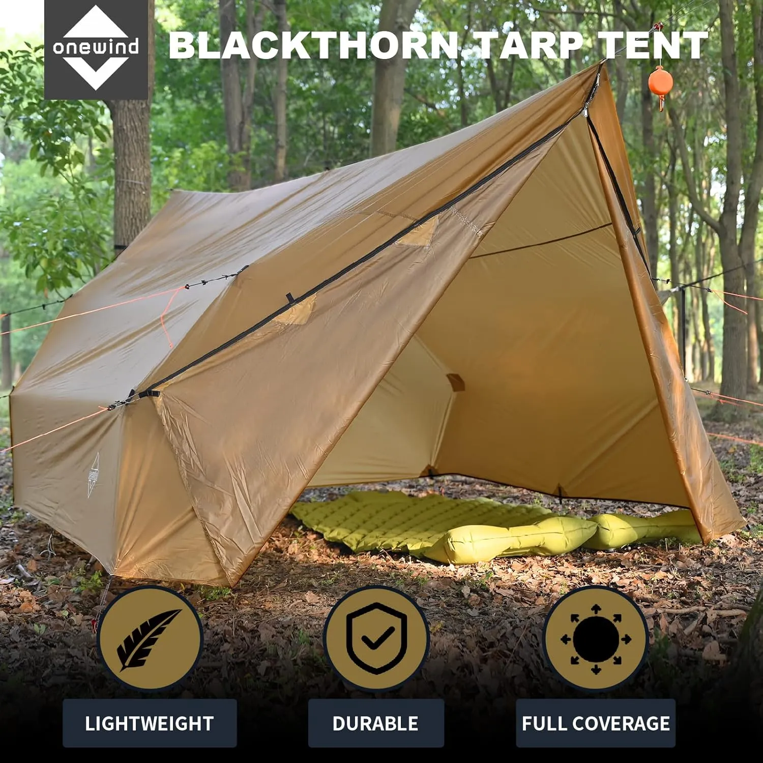 onewind Hammock Rain Fly, Ultralight Silnylon Tarp for 2-4 Persons, 14Ft*13Ft, 3000mm Waterproof, Brown