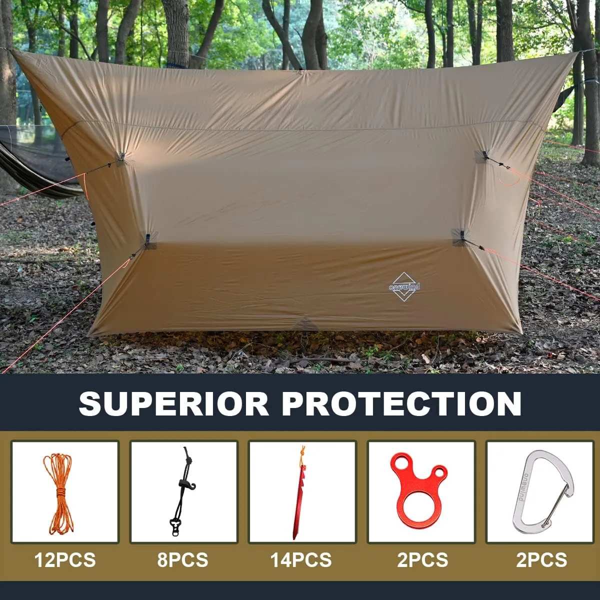 onewind Hammock Rain Fly, Ultralight Silnylon Tarp for 2-4 Persons, 14Ft*13Ft, 3000mm Waterproof, Brown
