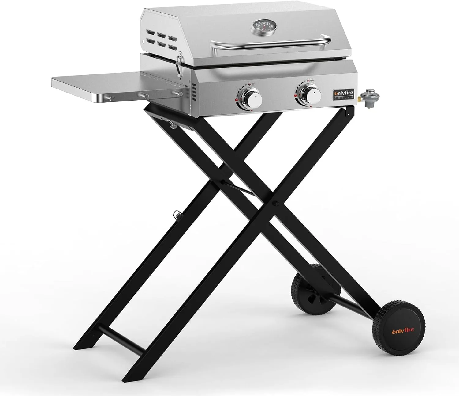 Onlyfire BBQ Gas Griddle 2-Burner with Foldable Cart & Side Table, Portable Propane Griddle with Lid for Outdoor Patio Backyard Barbecue Camping Tailgating RV Trip, Stainless Steel, GS320