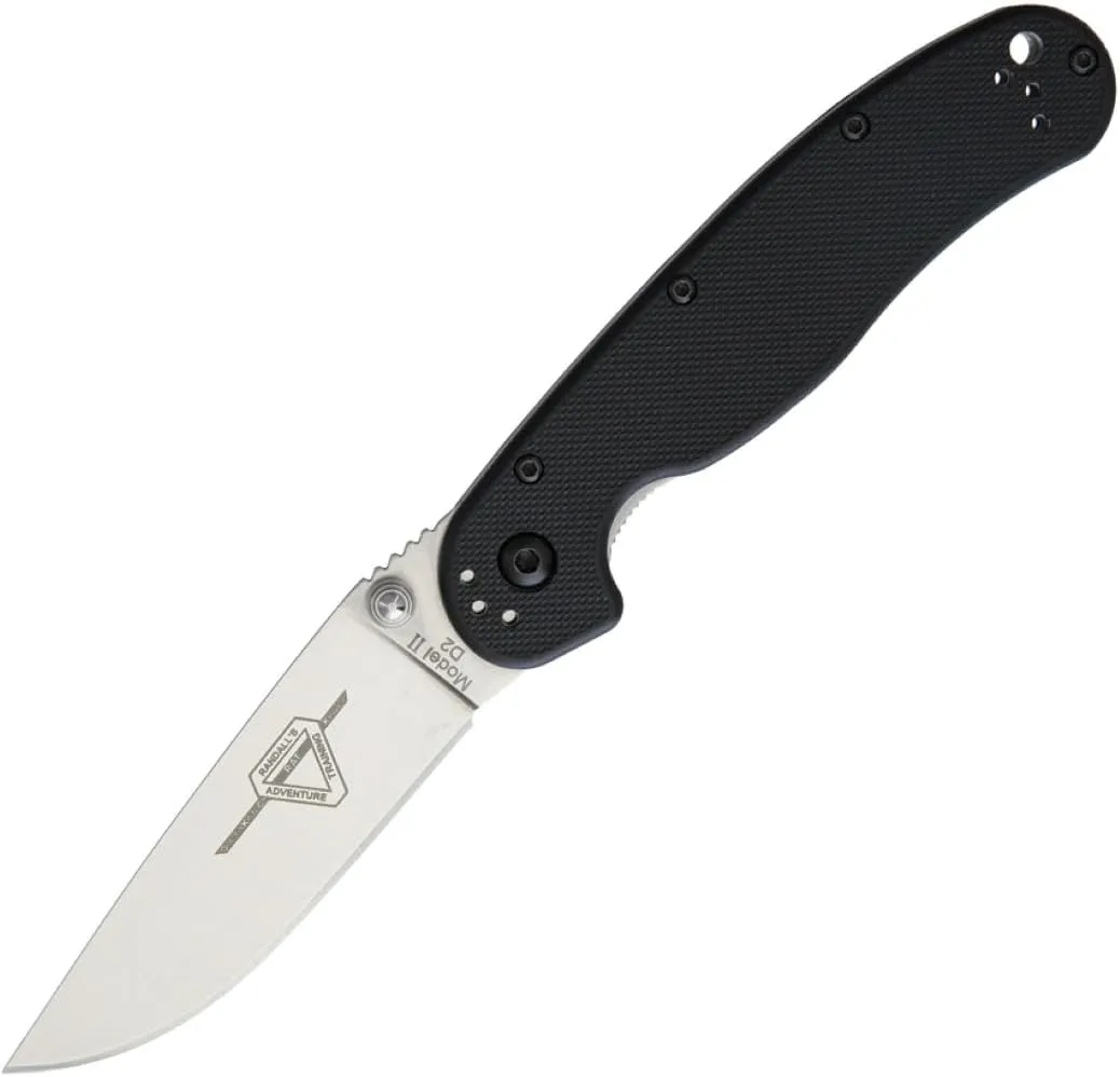 Ontario Knife Company Rat 2, Satin D2 Tool Steel Drop-Point Blade Folding Pocket Knife, Black Handle Liner Lock Knife, Everyday Carry Knife – ON8828
