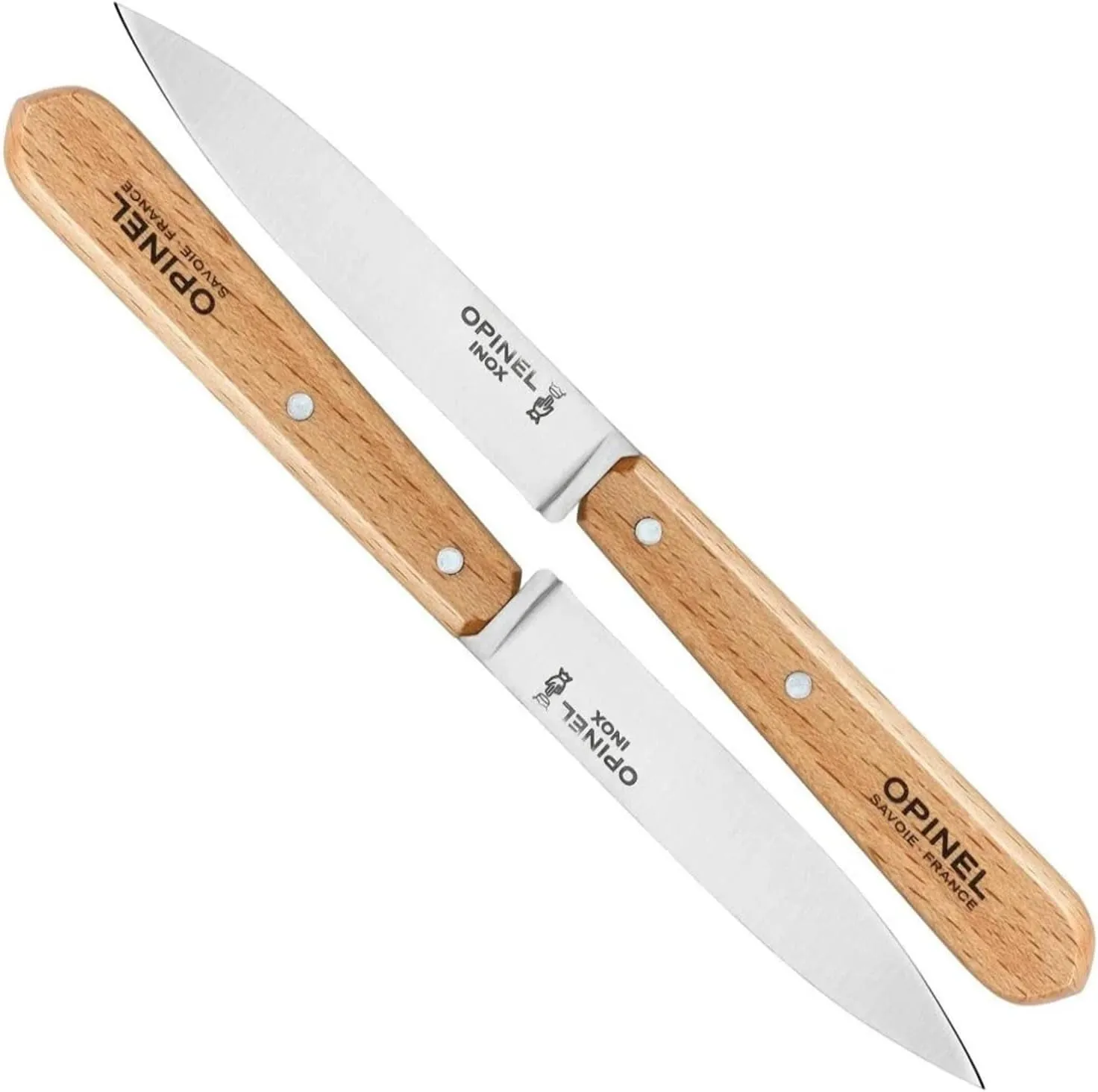 Opinel No. 112 Paring Knives 2 Piece Set, Sandvik 12C27 Steel Everyday Use Prep Knives for Chopping, Peeling, Slicing, Trimming, Stabilized Sustainably Harvested Beechwood Handles, Made in France