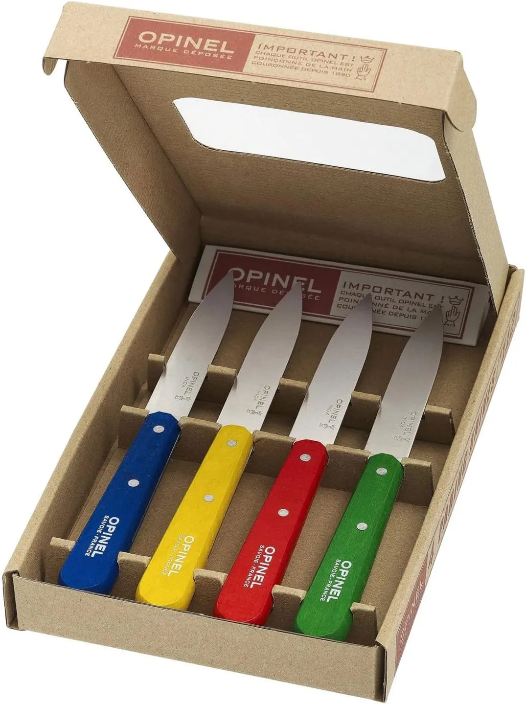 Opinel No. 112 Paring Knives Box Set, 4 Piece Paring Knife Set, High Carbon Steel for Chopping, Peeling, Slicing, Trimming, Painted Hornbeam Handles, Made in France (Classic), One Size, (001233)