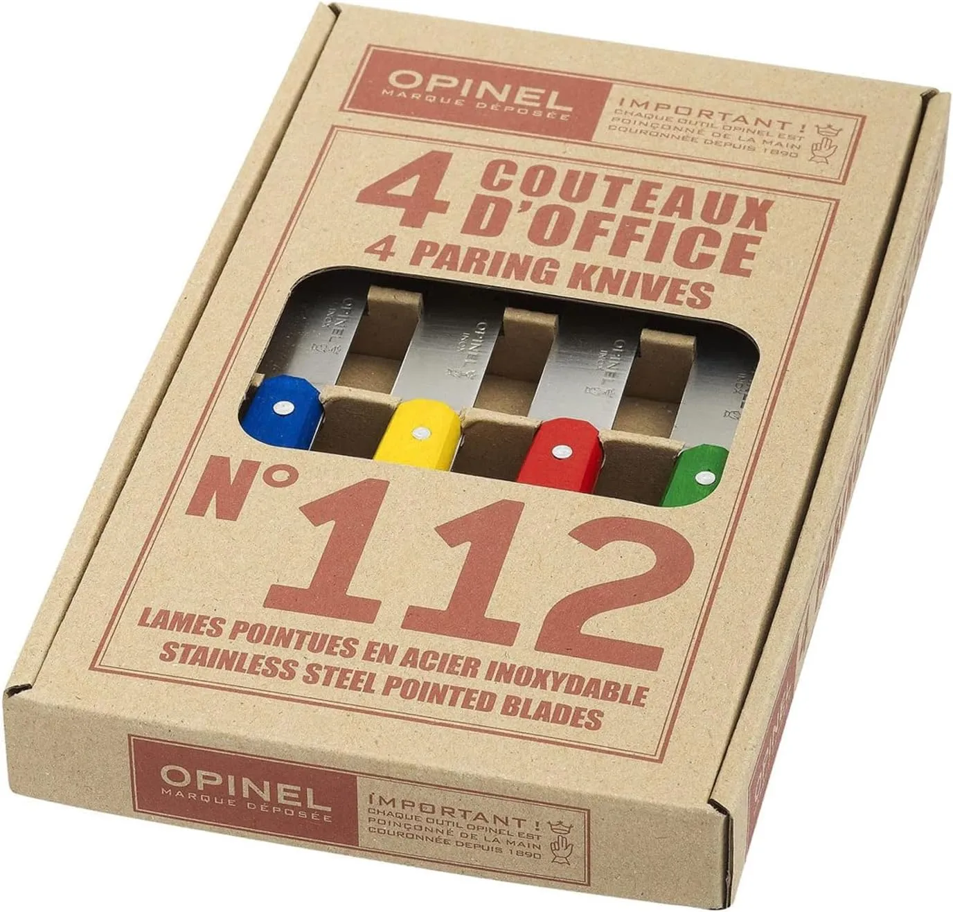 Opinel No. 112 Paring Knives Box Set, 4 Piece Paring Knife Set, High Carbon Steel for Chopping, Peeling, Slicing, Trimming, Painted Hornbeam Handles, Made in France (Classic), One Size, (001233)
