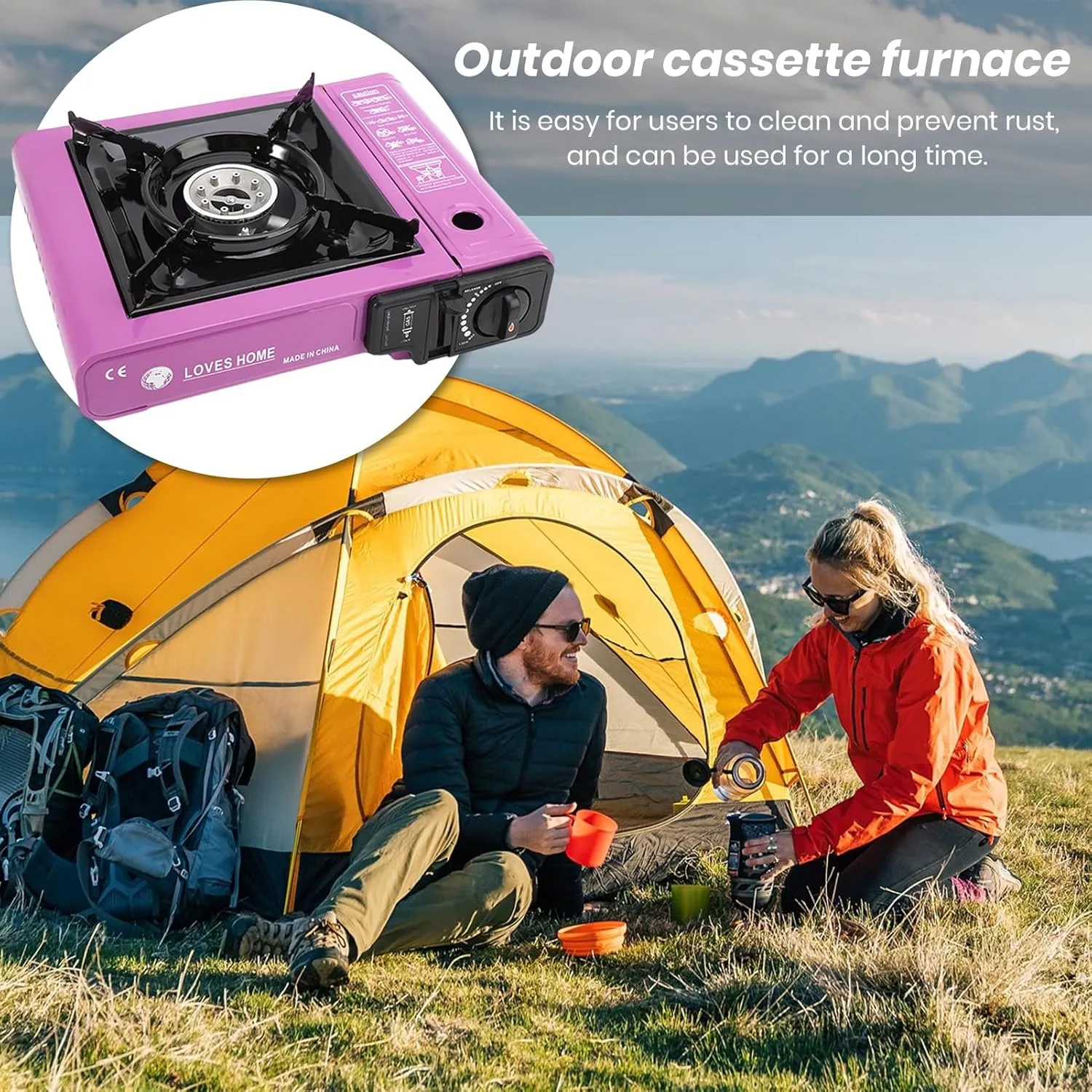 Outdoor Burner Stove Portable Camping Stainless Steel Butane for Camp Bbq Picnics Hiking Home Cooking Purple