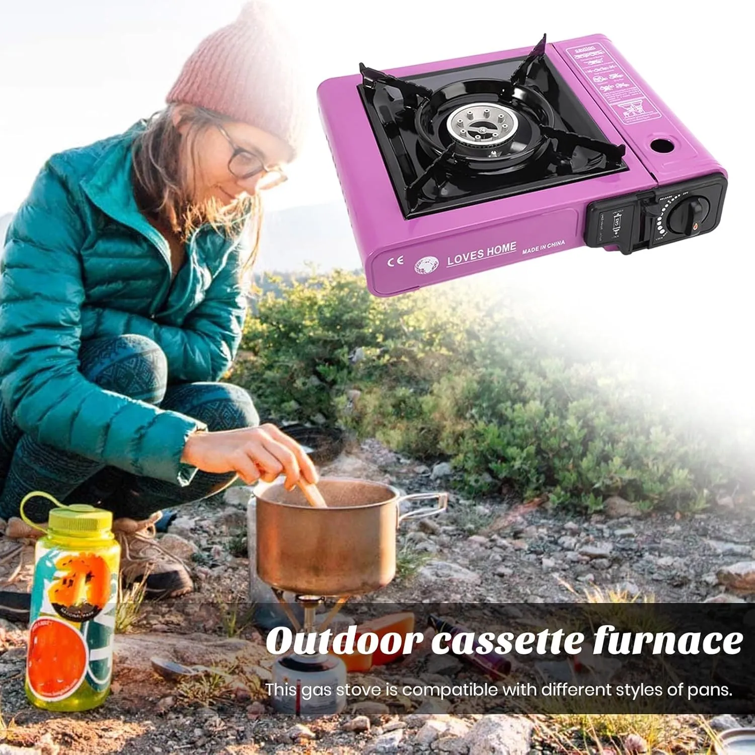 Outdoor Burner Stove Portable Camping Stainless Steel Butane for Camp Bbq Picnics Hiking Home Cooking Purple