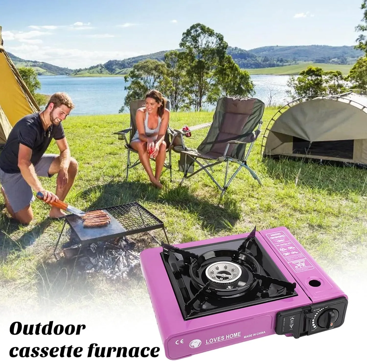 Outdoor Burner Stove Portable Camping Stainless Steel Butane for Camp Bbq Picnics Hiking Home Cooking Purple