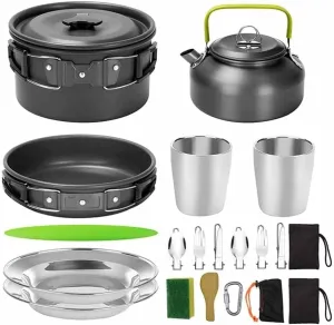 Outdoor Camping Cookware Set with Stove - Lightweight Aluminum Non-Stick Cooking Pots, Frying Pan, Teapot & Tableware for 2-3 People, Perfect