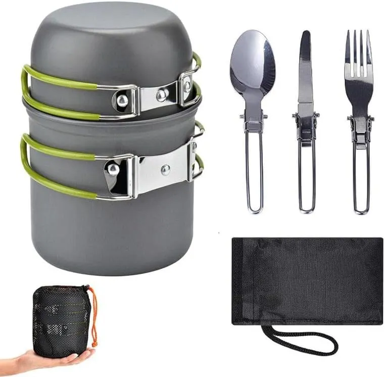 Outdoor Camping Pot Set, 1 Set Including 1 Folding Pan with Lid, 1 Fork, 1 Spoon, 1 Knife, 1 Storage Bag, Kitchen Accessories, Portable Cookware Kit for Outdoor Camping